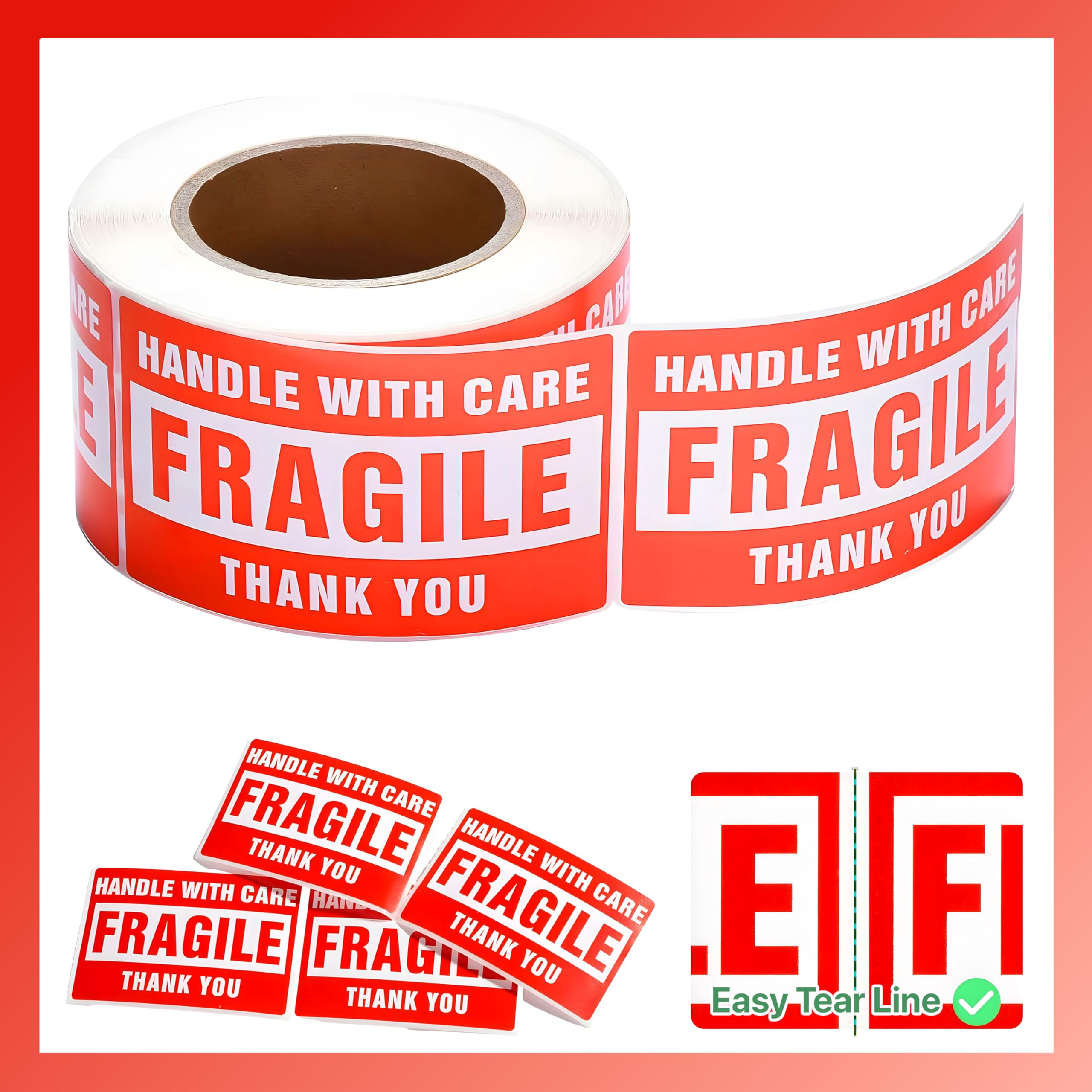 Pokanic Fragile x 500 Stickers Per Roll Handle with Care - Thank You Warning Red Permanent Adhesive Labels for Shipping Moving Packing