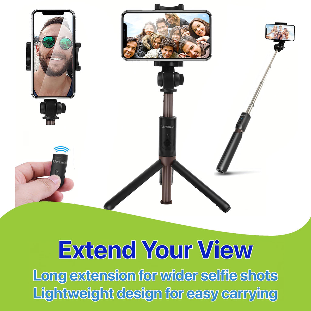 Pokanic Selfie Stick Tripod with Wireless Remote Controller Pouch Extendable Adjustable Stand Mount Light-Weight V-Log Compatible with All Apple iPhone, Samsung Galaxy