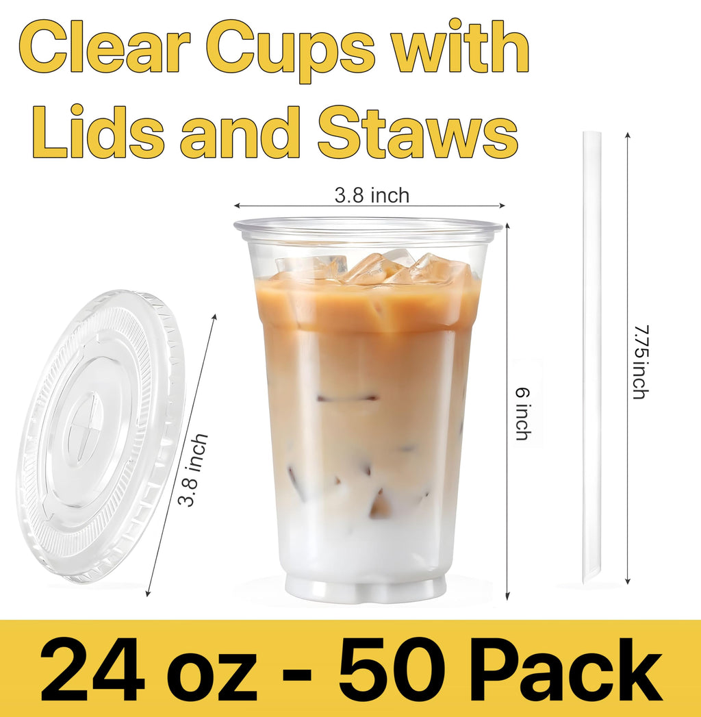 Pokanic Plastic Clear Cups [ oz] with Lids and Straws [ Set] Disposable Cold Beverage Drinking Iced Coffee Water Juice Tea Party Travel Cafe School Office Home Kitchen