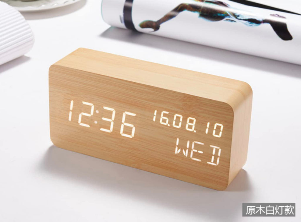 Pokanic Wood Digital Alarm Clock Desk Time, Date(MM/DD/YY), Day of The Week, Temperature, Nightlight Large LED Display Portable Lamp Bedroom, Office, School, Home, Livingroom, Room