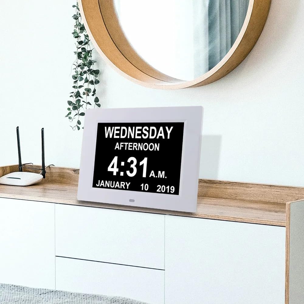 Pokanic Digital Calendar Date Multi Alarm Clock 8 inch Large Display Auto-Dimming Electic Desk Table Wall Mount Office, Home, Kitchen, Room, School, Bedroom, Living Room