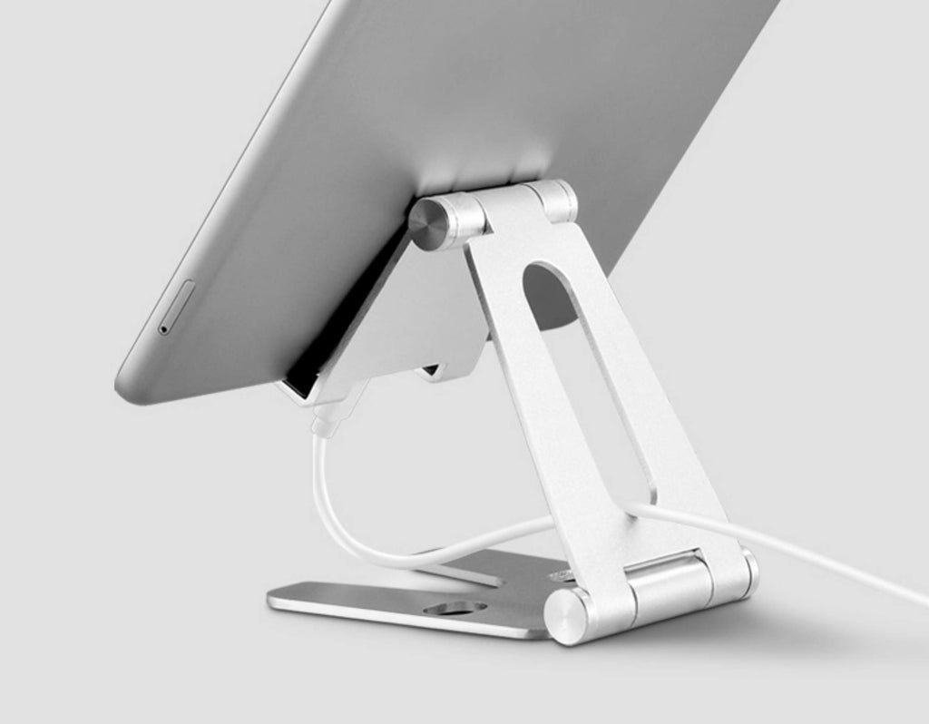 POKANIC Cell Phone Fully Foldable Stand Dock Holder Cradle Mount Organizer Charger Station Table Desk Office School Kitchen Travel Portable Adjustable Multi-Angle Aluminum Pouch