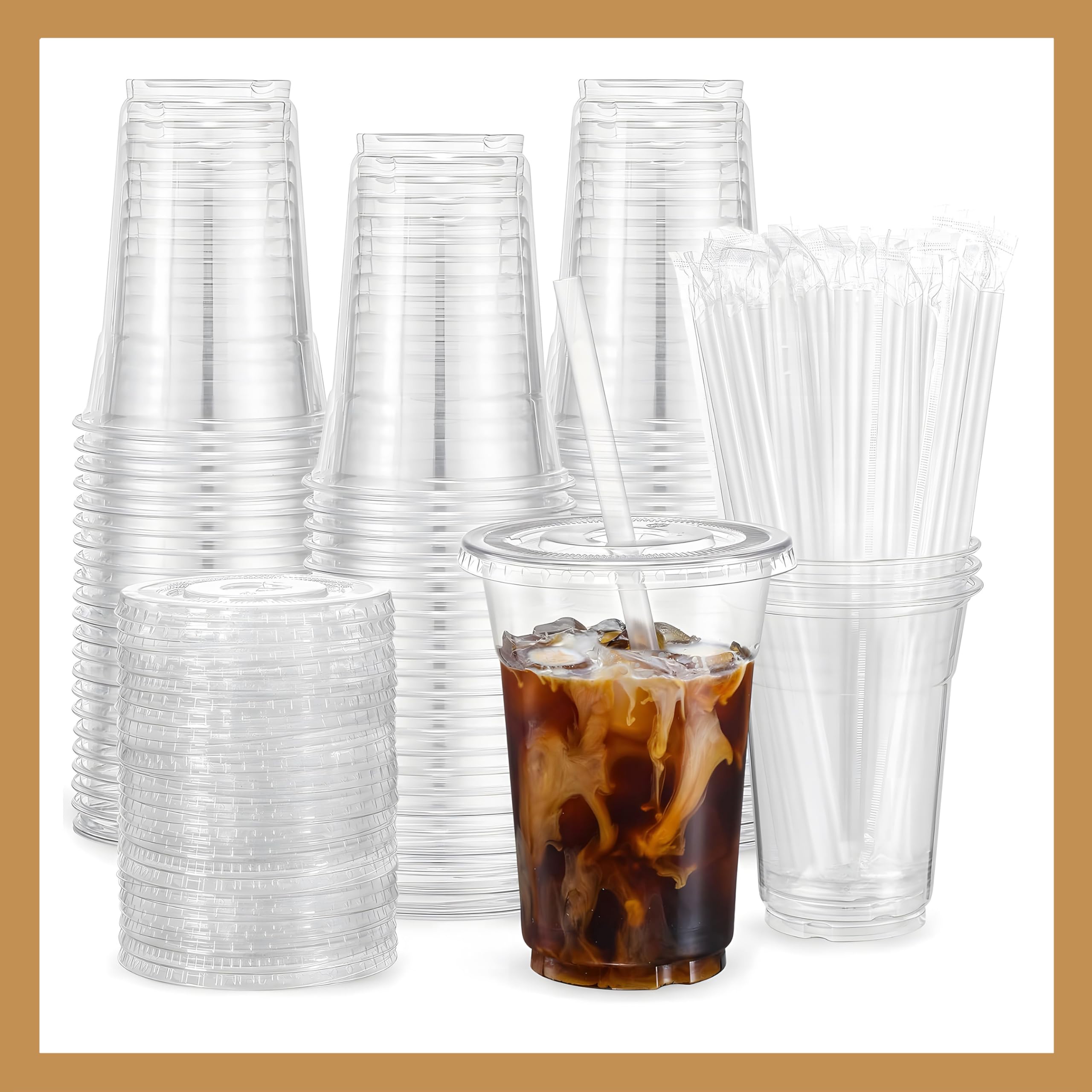 Pokanic Plastic Clear Cups [ oz] with Lids and Straws [ Set] Disposable Cold Beverage Drinking Iced Coffee Water Juice Tea Party Travel Cafe School Office Home Kitchen