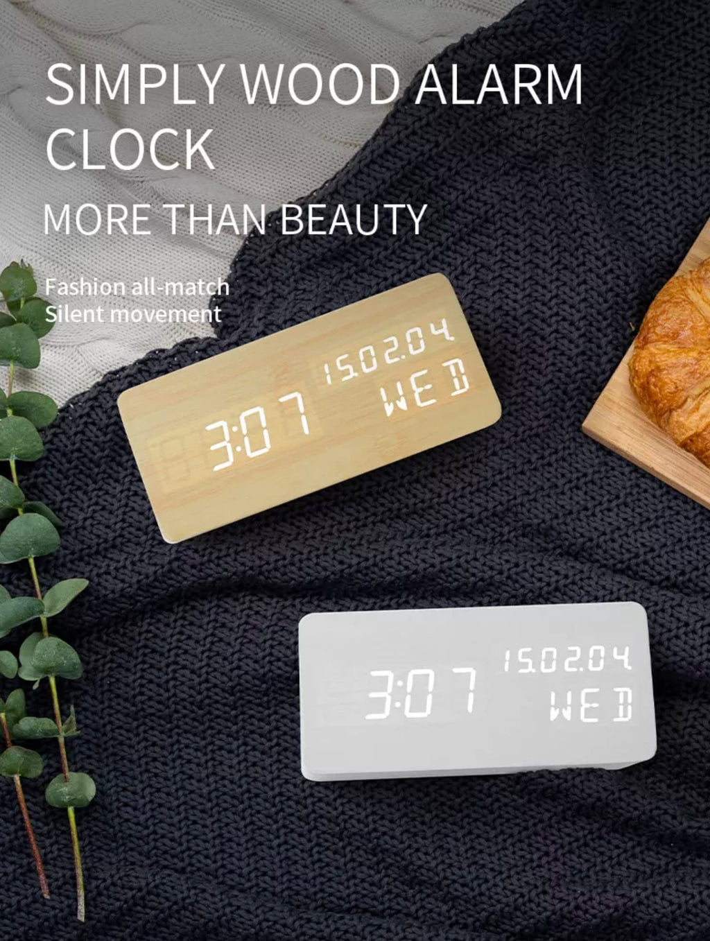 Pokanic Wood Digital Alarm Clock Desk Time, Date(MM/DD/YY), Day of The Week, Temperature, Nightlight Large LED Display Portable Lamp Bedroom, Office, School, Home, Livingroom, Room