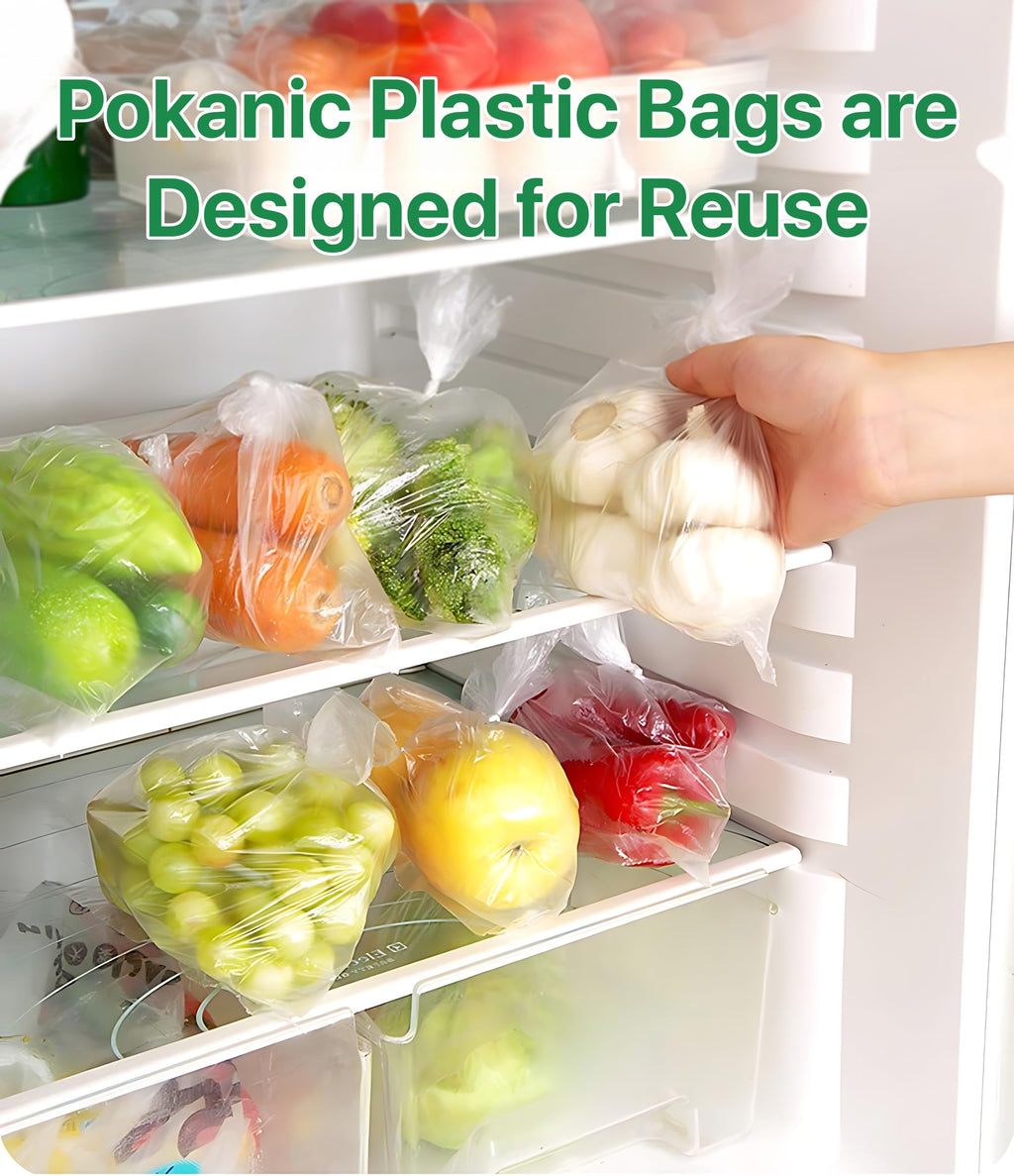 Pokanic Clear Plastic Produce Bags Reusable Washable Freshness Disposable Continuous Roll Easy Peel Off Kitchen Office Grocery Home Use for Produce Food Fruits Bread Storage