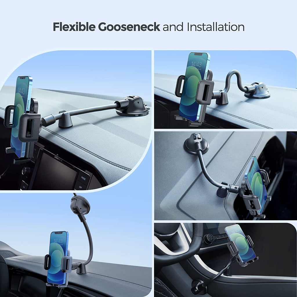 Pokanic Car Cell Phone Mount Adjustable 360 Rotation Stand Holder Three-Side Grips Design One Touch Clamp Compatible with iPhone Galaxy Note Pixel Universal