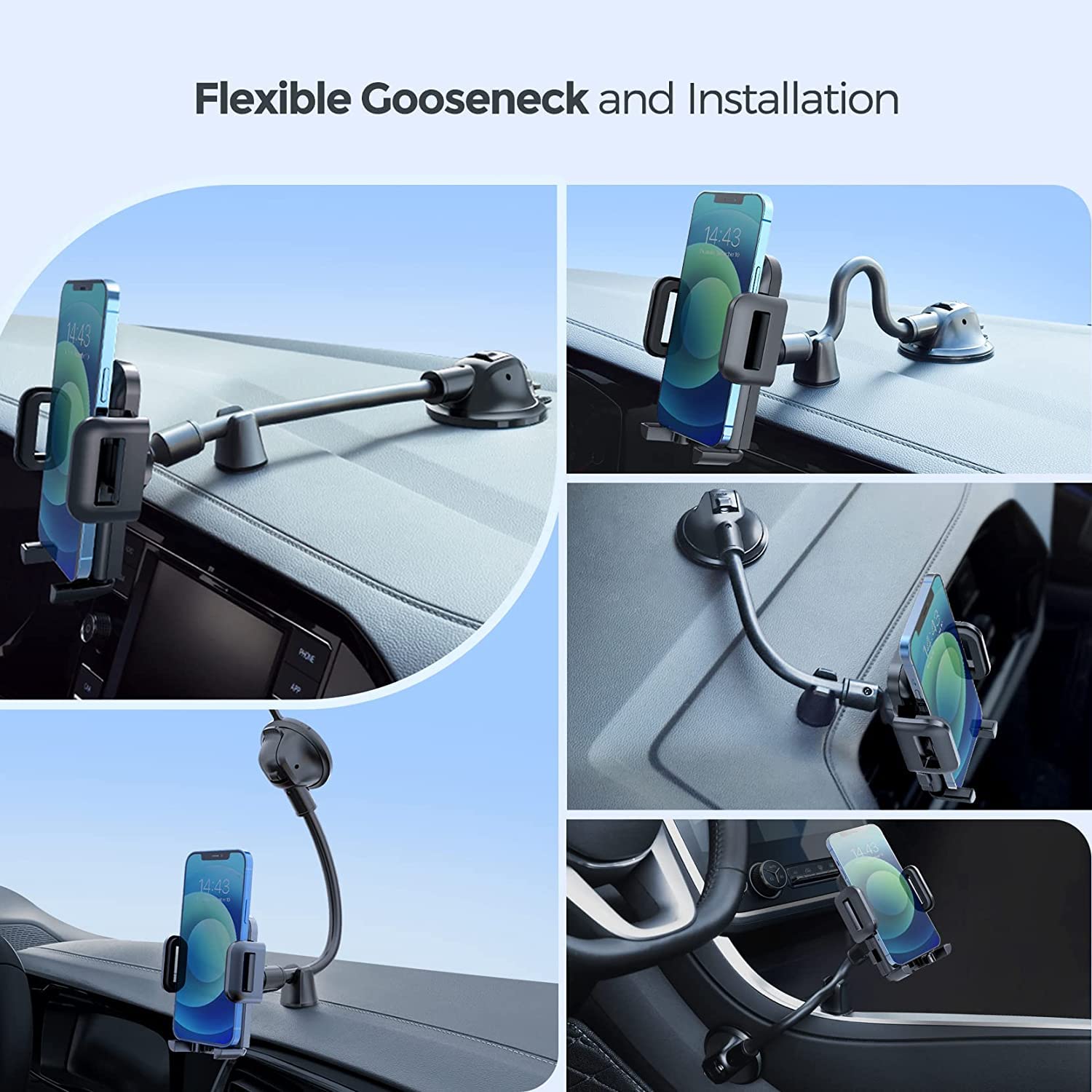 Pokanic Car Cell Phone Mount Adjustable 360 Rotation Stand Holder Three-Side Grips Design One Touch Clamp Compatible with iPhone Galaxy Note Pixel Universal