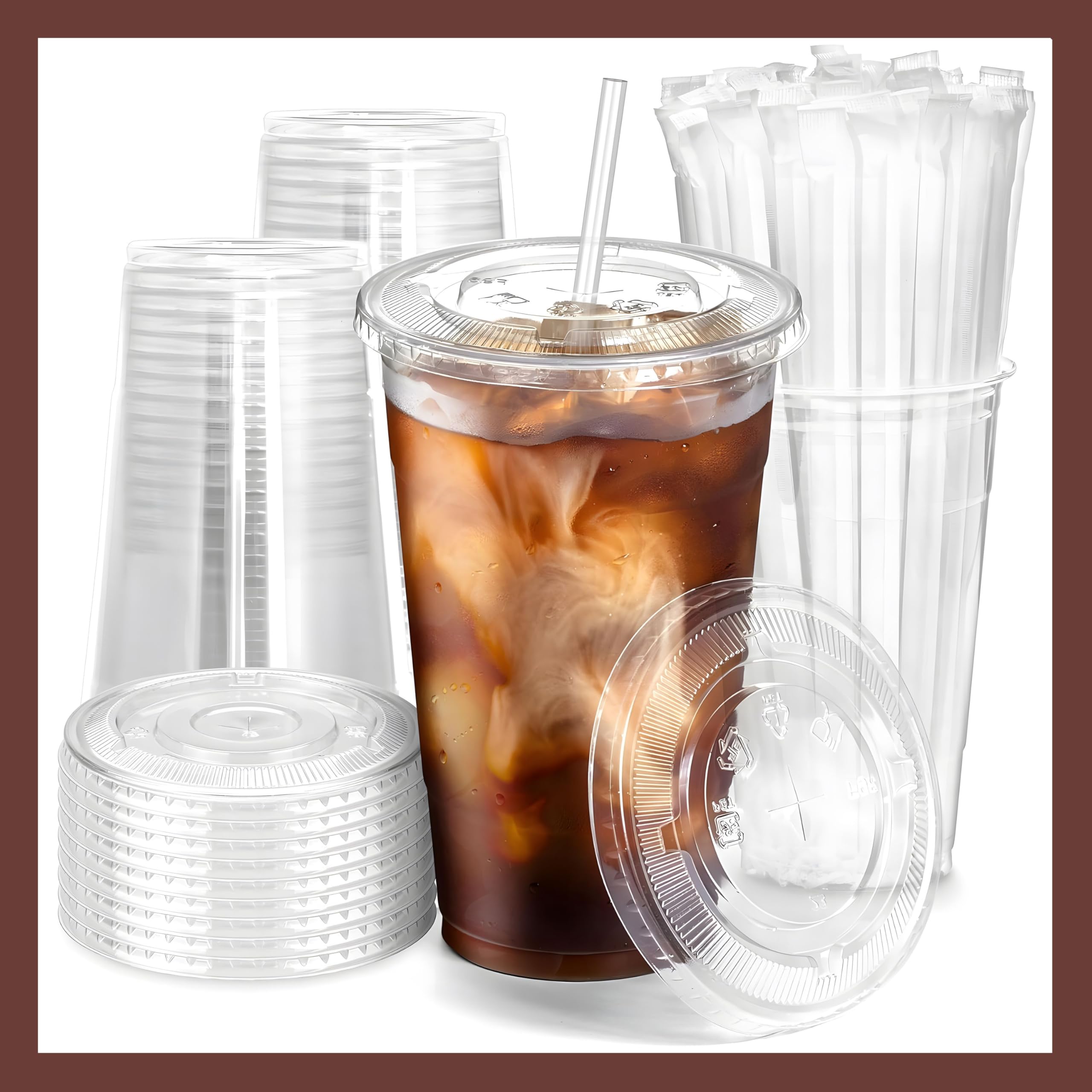 Pokanic Plastic Clear Cups [ oz] with Lids and Straws [ Set] Disposable Cold Beverage Drinking Iced Coffee Water Juice Tea Party Travel Cafe School Office Home Kitchen