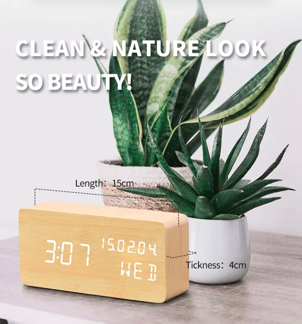Pokanic Wood Digital Alarm Clock Desk Time, Date(MM/DD/YY), Day of The Week, Temperature, Nightlight Large LED Display Portable Lamp Bedroom, Office, School, Home, Livingroom, Room