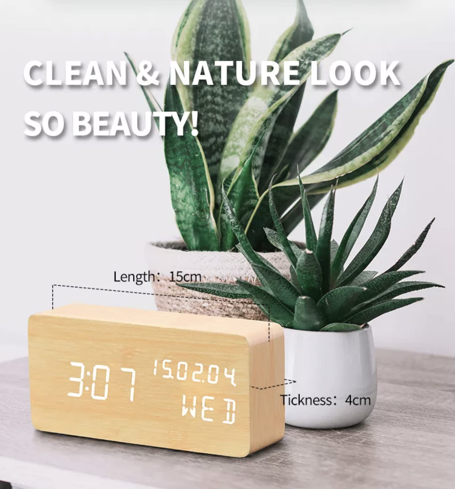 Pokanic Wood Digital Alarm Clock Desk Time, Date(MM/DD/YY), Day of The Week, Temperature, Nightlight Large LED Display Portable Lamp Bedroom, Office, School, Home, Livingroom, Room