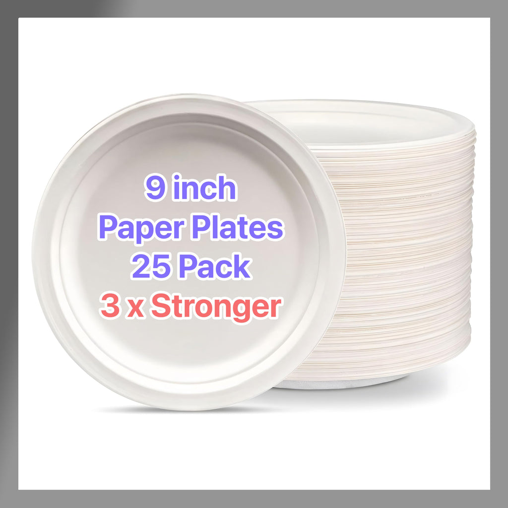 Pokanic Paper Plates White 9 inch - Pack Heavy-Duty 3 x Stronger Soak-Proof Cut Resistant Microwave-Safe 100% Compostable Eco-Friendly Biodegradable Disposable