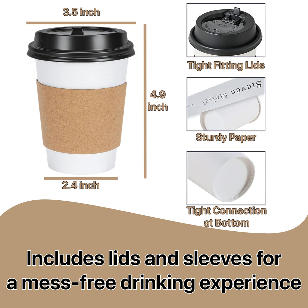 Pokanic Paper White Cups [ oz] with Lids and Sleeves x [10 Set] Disposable Hot Cold Coffee Water Beverage Drinking for School Office Home Kitchen Cafe Restaurant