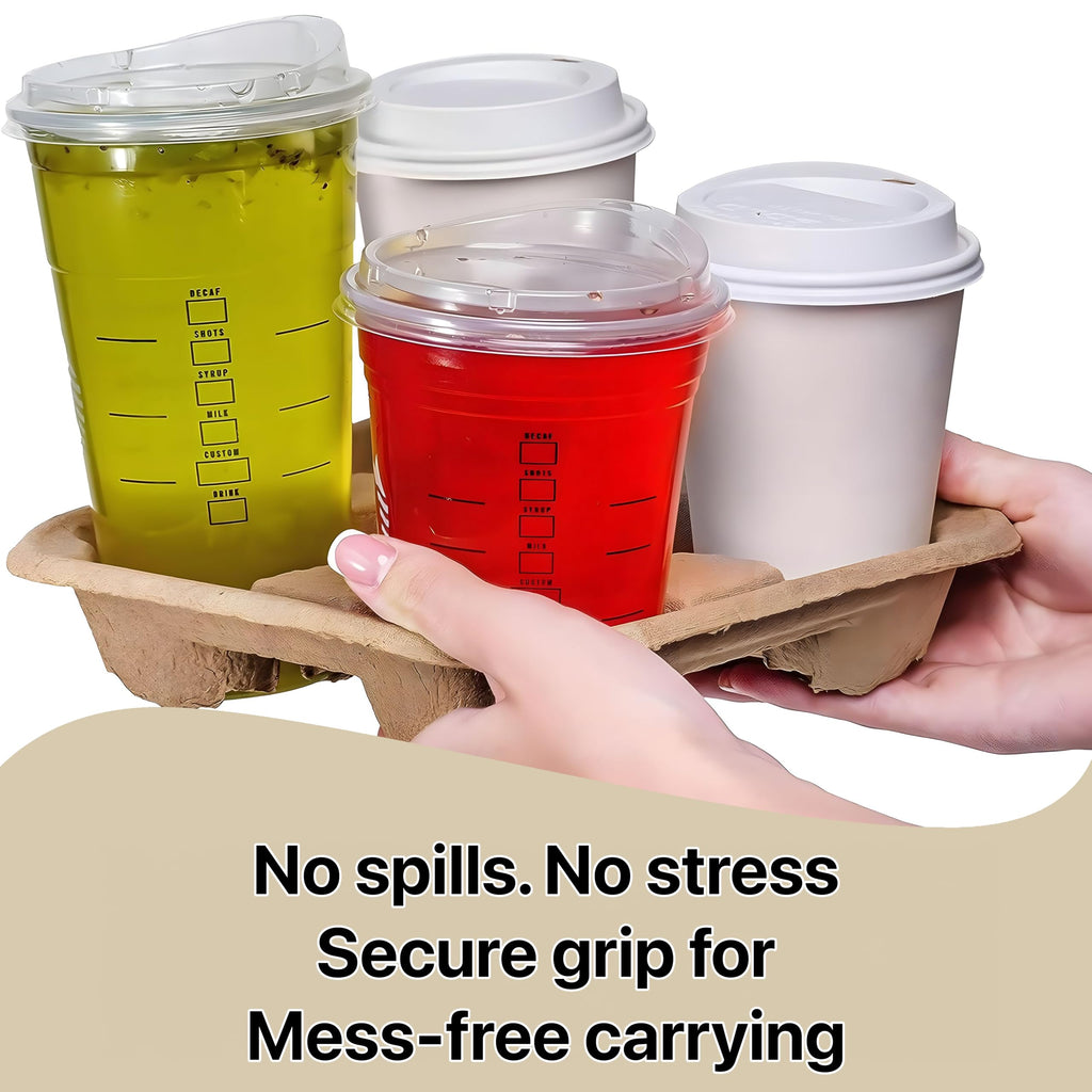 Pokanic 4-Compartment Drink Carrier [ Pack], 8–32 oz No-Spill Biodegradable Eco-Friendly Tray for Hot/Cold Coffee and Beverages, Take-Out Delivery Use ( Pack, 4 Cup-Tray)
