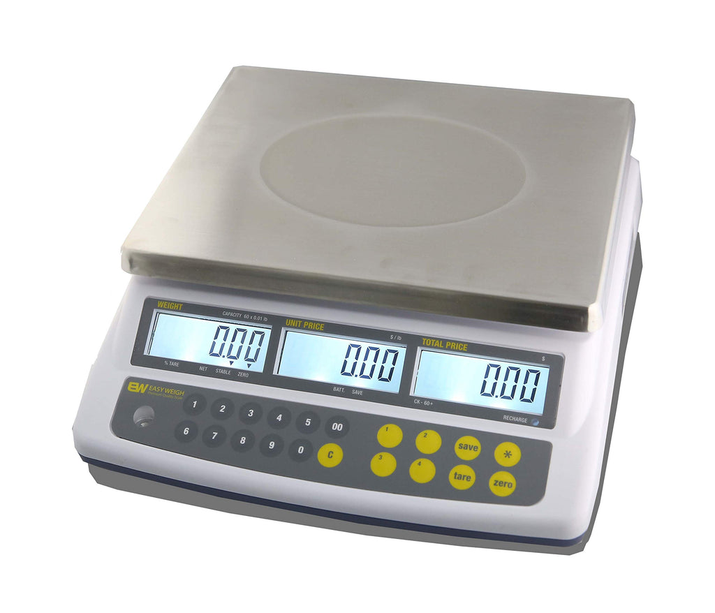 Easy Weigh CK-60 LB x 0.01 Digital Price Computing Scale Rechargeable Battery Operated, NTEP Approval Class III, LCD Display, Portable Compact, Stainless Steel Platter, (60 LB - Interface)