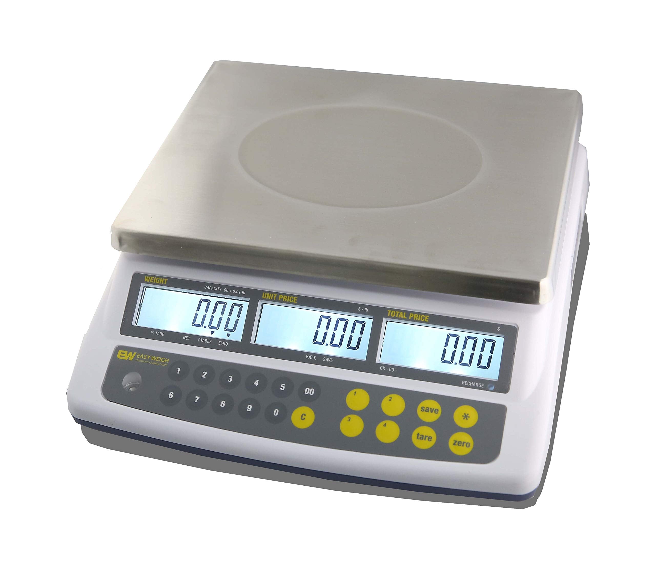 Easy Weigh CK-60 LB x 0.01 Digital Price Computing Scale Rechargeable Battery Operated, NTEP Approval Class III, LCD Display, Portable Compact, Stainless Steel Platter, (60 LB - Interface)