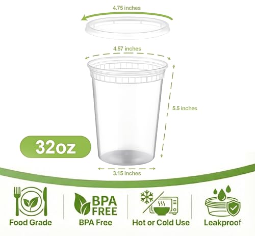 Pokanic Food Storage Containers [50 Set] 16 oz Plastic Deli Containers with Lids Slime Soup Meal Prep Containers | BPA Free | Stackable | Leakproof | Microwave/Dishwasher/Freezer Safe