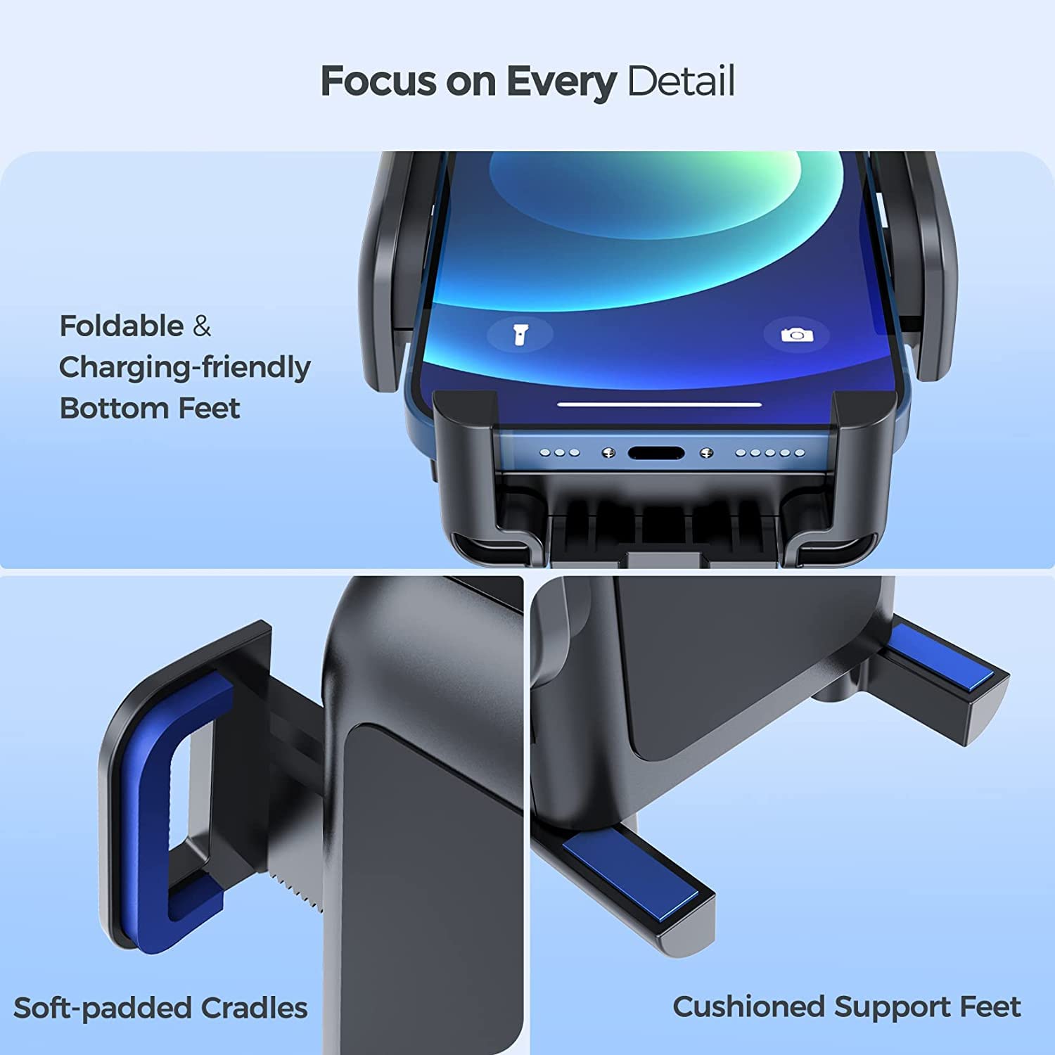 Pokanic Car Cell Phone Mount Adjustable 360 Rotation Stand Holder Three-Side Grips Design One Touch Clamp Compatible with iPhone Galaxy Note Pixel Universal