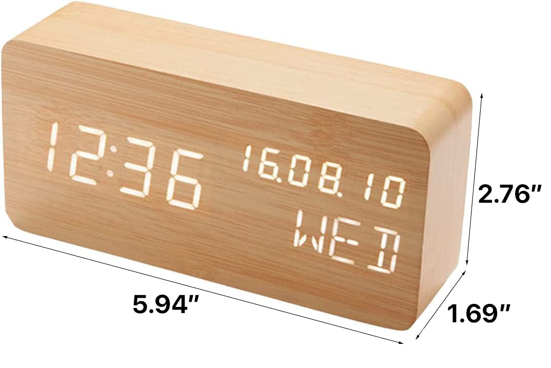 Pokanic Wood Digital Alarm Clock Desk Time, Date(MM/DD/YY), Day of The Week, Temperature, Nightlight Large LED Display Portable Lamp Bedroom, Office, School, Home, Livingroom, Room