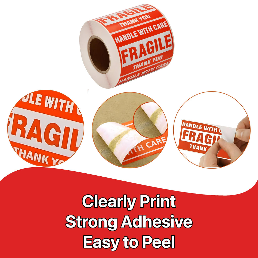 Pokanic Fragile x 500 Stickers Per Roll Handle with Care - Thank You Warning Red Permanent Adhesive Labels for Shipping Moving Packing