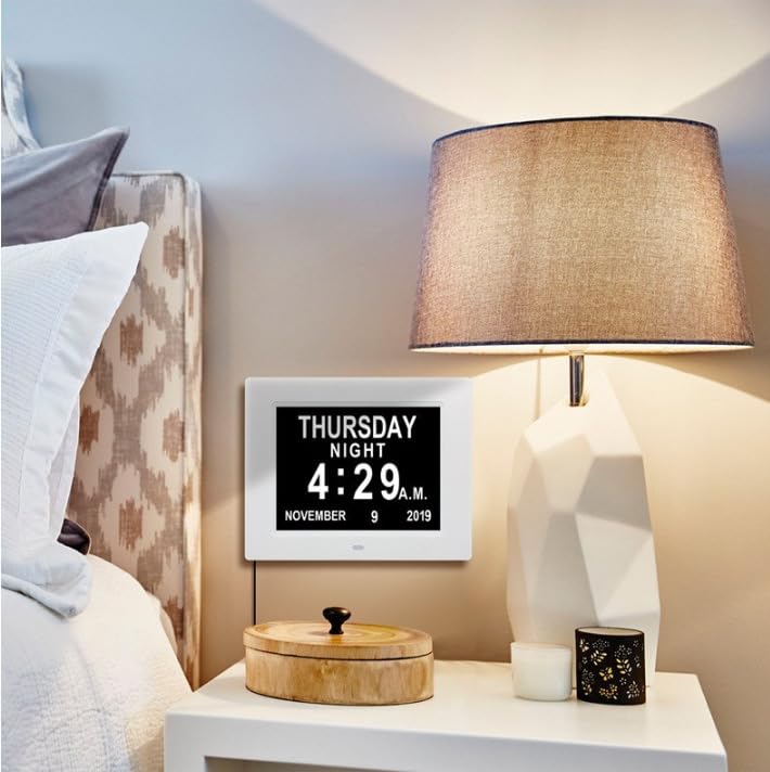 Pokanic Digital Calendar Date Multi Alarm Clock 8 inch Large Display Auto-Dimming Electic Desk Table Wall Mount Office, Home, Kitchen, Room, School, Bedroom, Living Room
