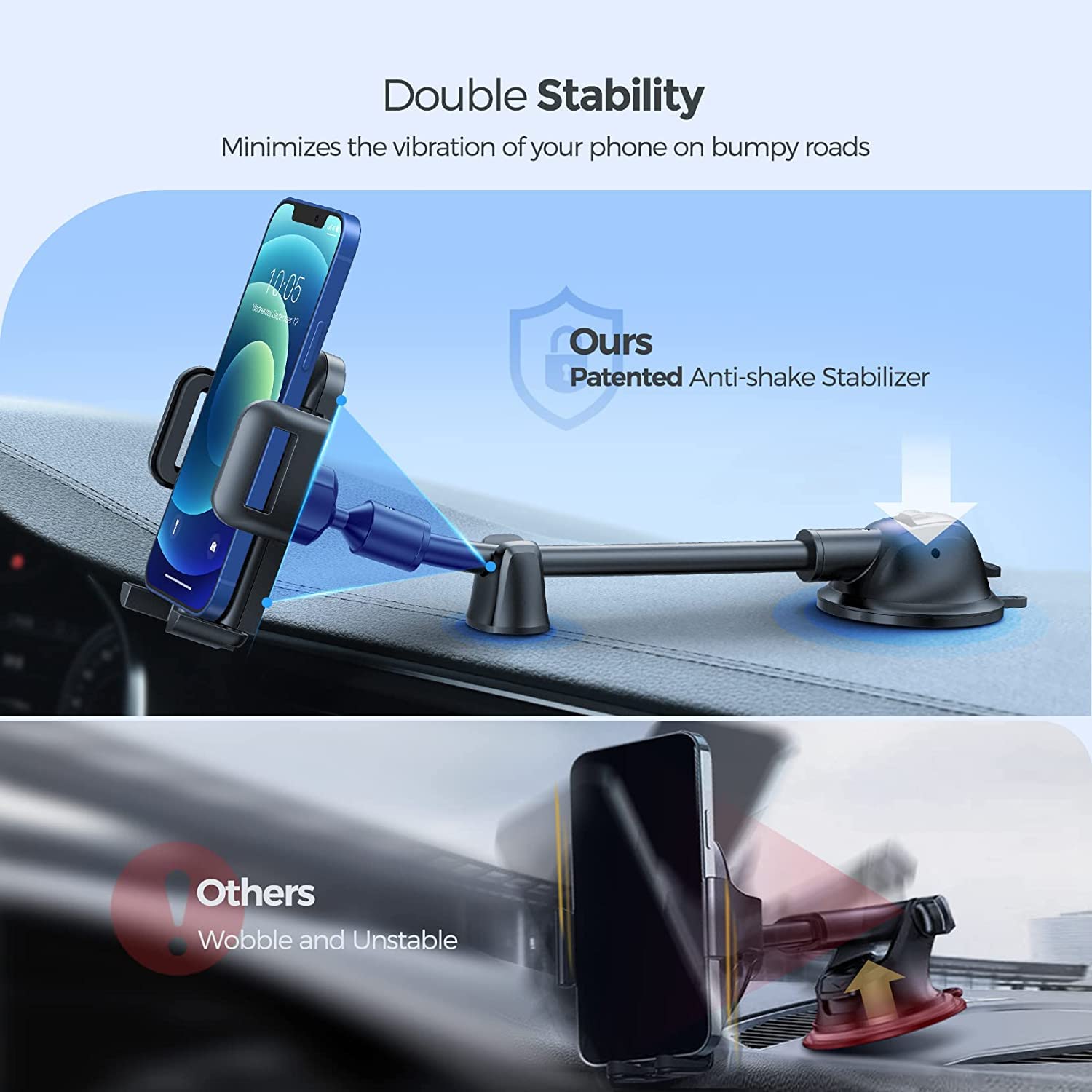 Pokanic Car Cell Phone Mount Adjustable 360 Rotation Stand Holder Three-Side Grips Design One Touch Clamp Compatible with iPhone Galaxy Note Pixel Universal