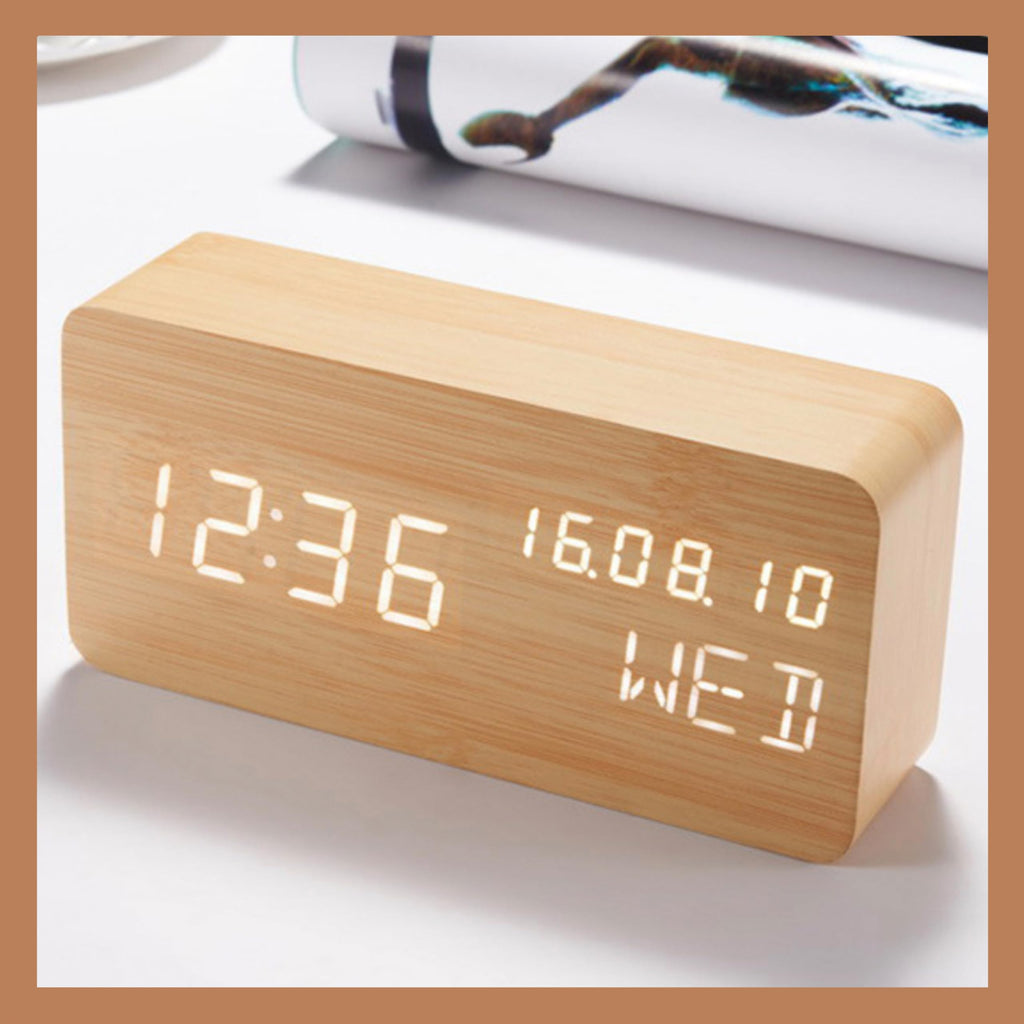 Pokanic Wood Digital Alarm Clock Desk Time, Date(MM/DD/YY), Day of The Week, Temperature, Nightlight Large LED Display Portable Lamp Bedroom, Office, School, Home, Livingroom, Room