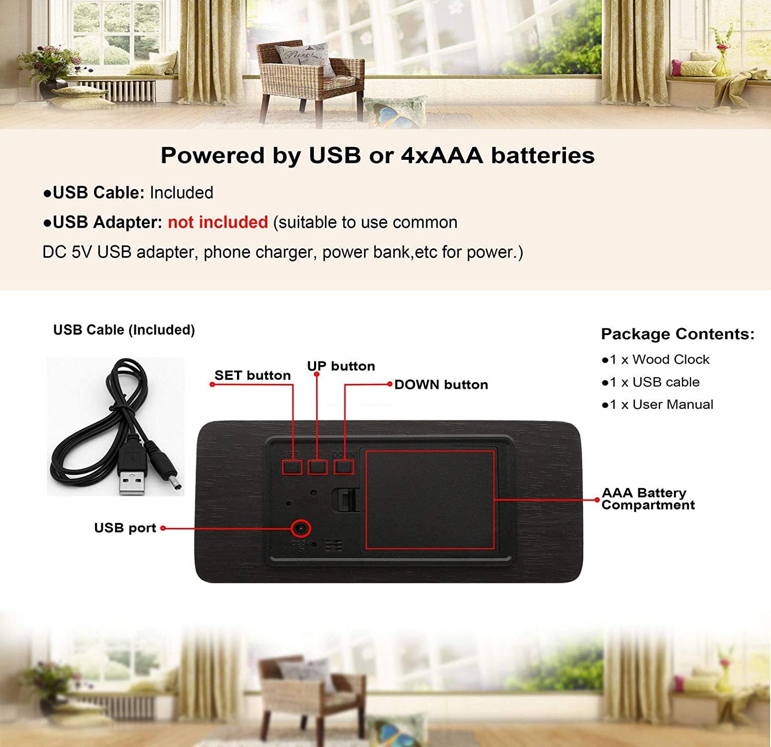 Pokanic Wood Digital Alarm Clock Desk Time, Date(MM/DD/YY), Day of The Week, Temperature, Nightlight Large LED Display Portable Lamp Bedroom, Office, School, Home, Livingroom, Room