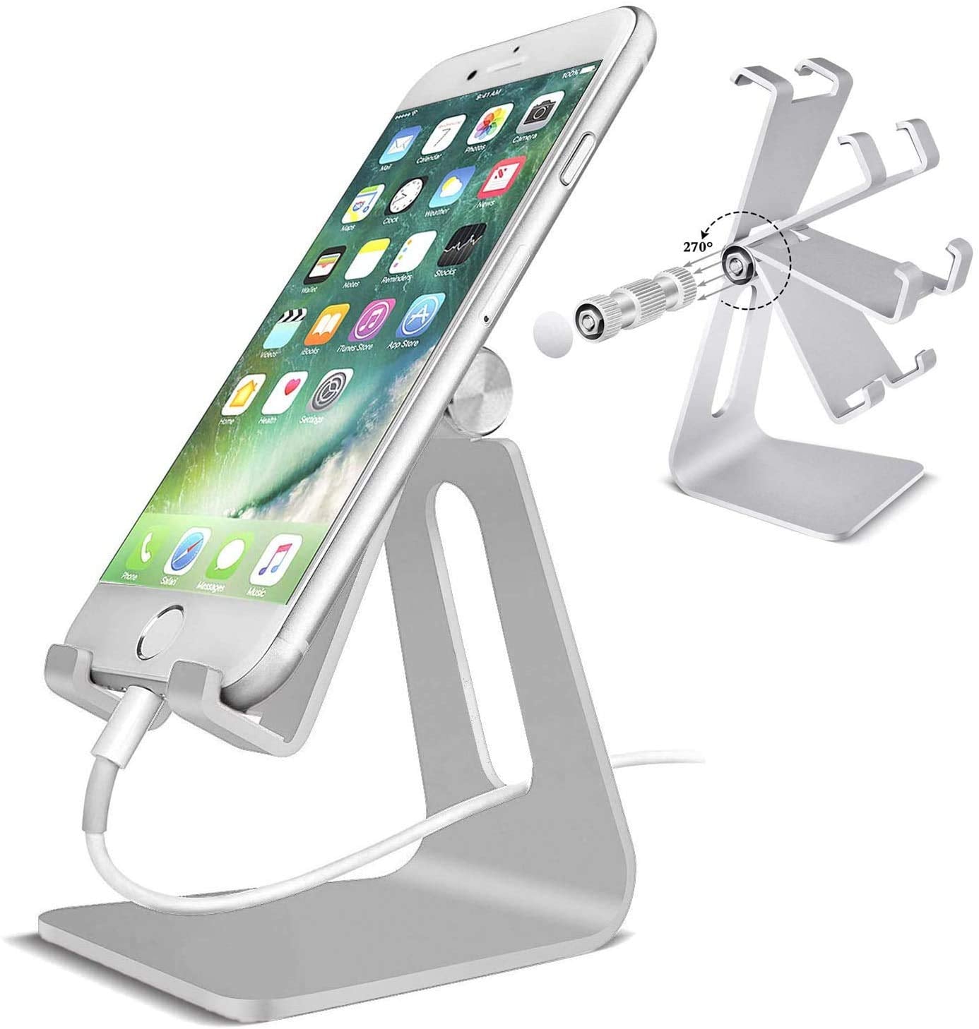 Pokanic Phone & Tablet Stand Adjustable Multi‑Angle Aluminum Phone & Tablet Stand Non‑Slip Dock/Cradle/Charging Station for Desktop, Bed, Kitchen, Office