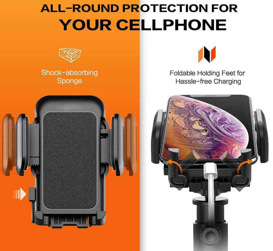 Pokanic Car Cell Phone Mount Adjustable 360 Rotation Stand Holder Three-Side Grips Design One Touch Clamp Compatible with iPhone Galaxy Note Pixel Universal