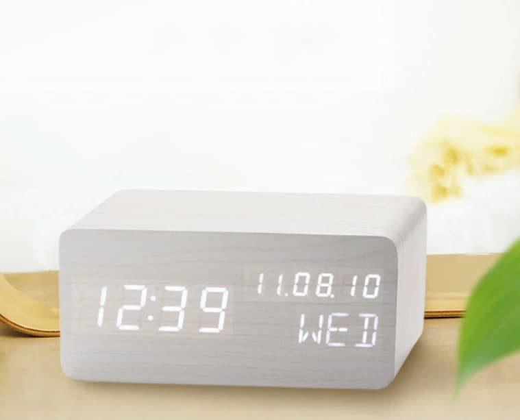 Pokanic Wood Digital Alarm Clock Desk Time, Date(MM/DD/YY), Day of The Week, Temperature, Nightlight Large LED Display Portable Lamp Bedroom, Office, School, Home, Livingroom, Room