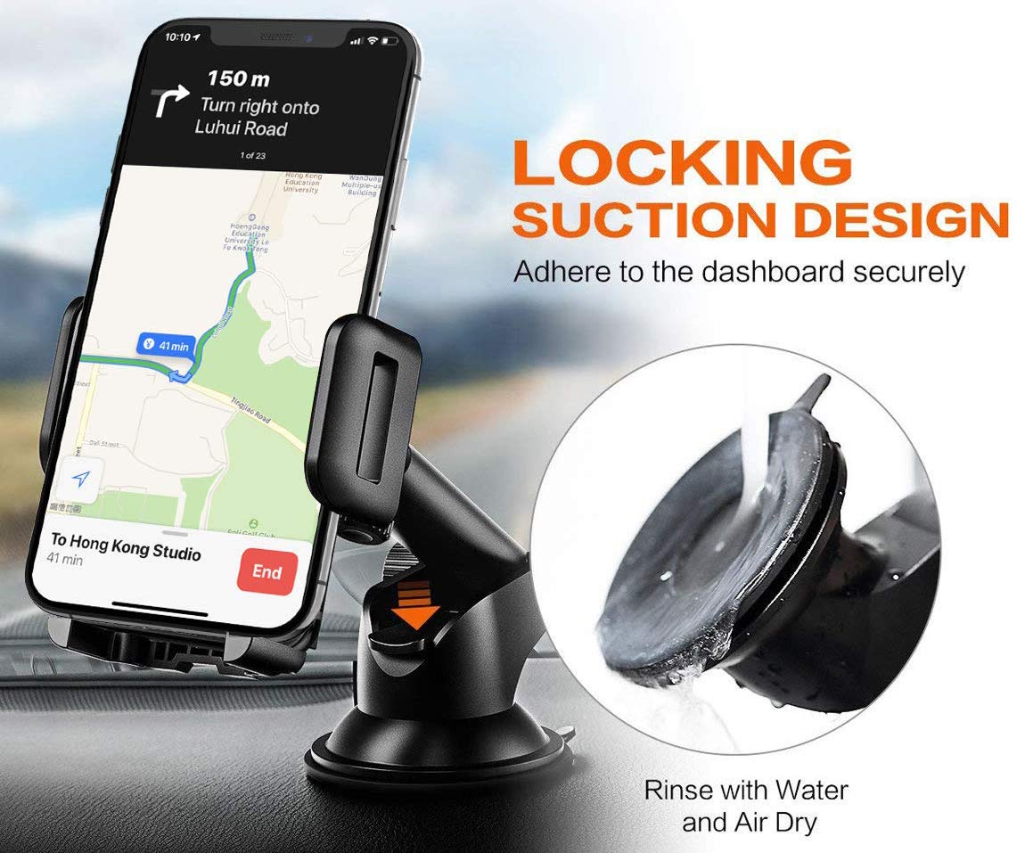 Pokanic Car Cell Phone Mount Adjustable 360 Rotation Stand Holder Three-Side Grips Design One Touch Clamp Compatible with iPhone Galaxy Note Pixel Universal