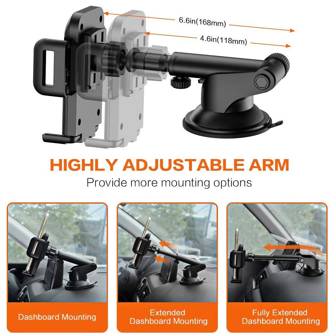 Pokanic Car Cell Phone Mount Adjustable 360 Rotation Stand Holder Three-Side Grips Design One Touch Clamp Compatible with iPhone Galaxy Note Pixel Universal