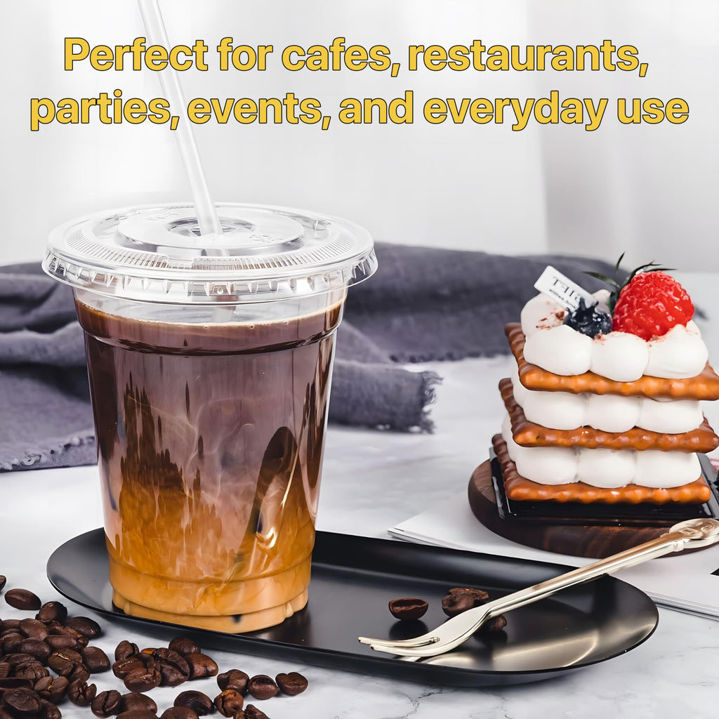 Pokanic Plastic Clear Cups [ oz] with Lids and Straws [ Set] Disposable Cold Beverage Drinking Iced Coffee Water Juice Tea Party Travel Cafe School Office Home Kitchen