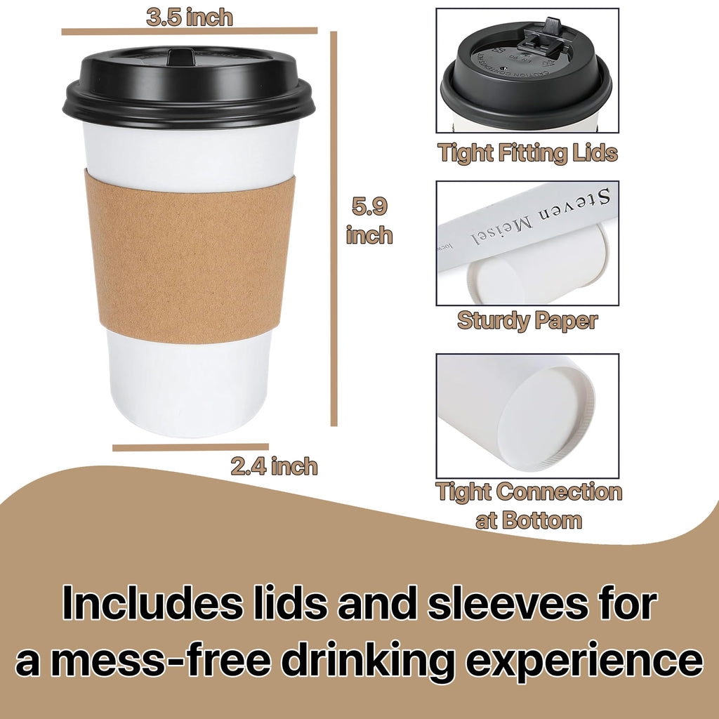 Pokanic Paper White Cups [ oz] with Lids and Sleeves x [10 Set] Disposable Hot Cold Coffee Water Beverage Drinking for School Office Home Kitchen Cafe Restaurant