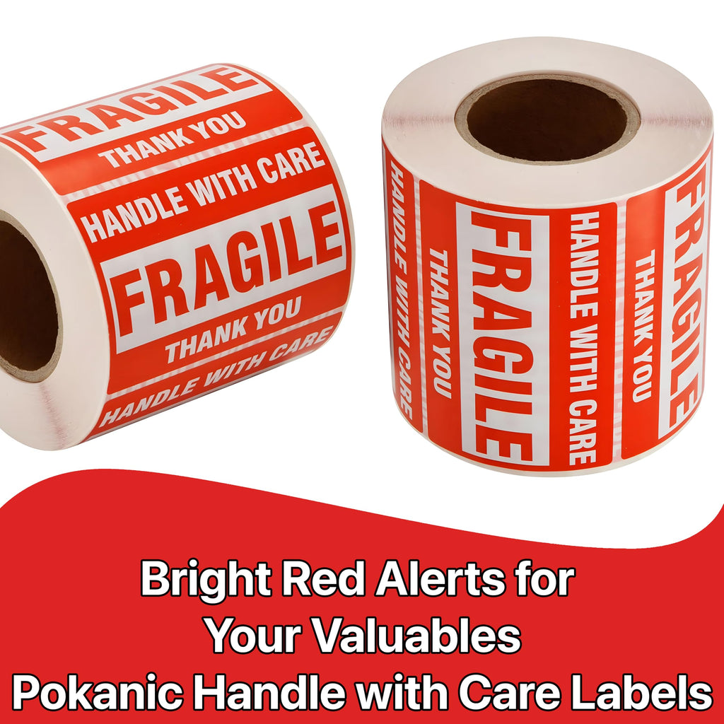 Pokanic Fragile x 500 Stickers Per Roll Handle with Care - Thank You Warning Red Permanent Adhesive Labels for Shipping Moving Packing
