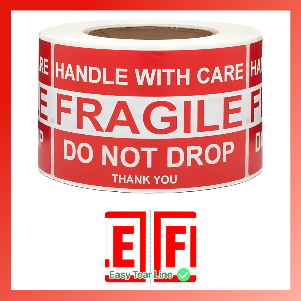 Pokanic Fragile x 500 Stickers Per Roll Handle with Care - Thank You Warning Red Permanent Adhesive Labels for Shipping Moving Packing