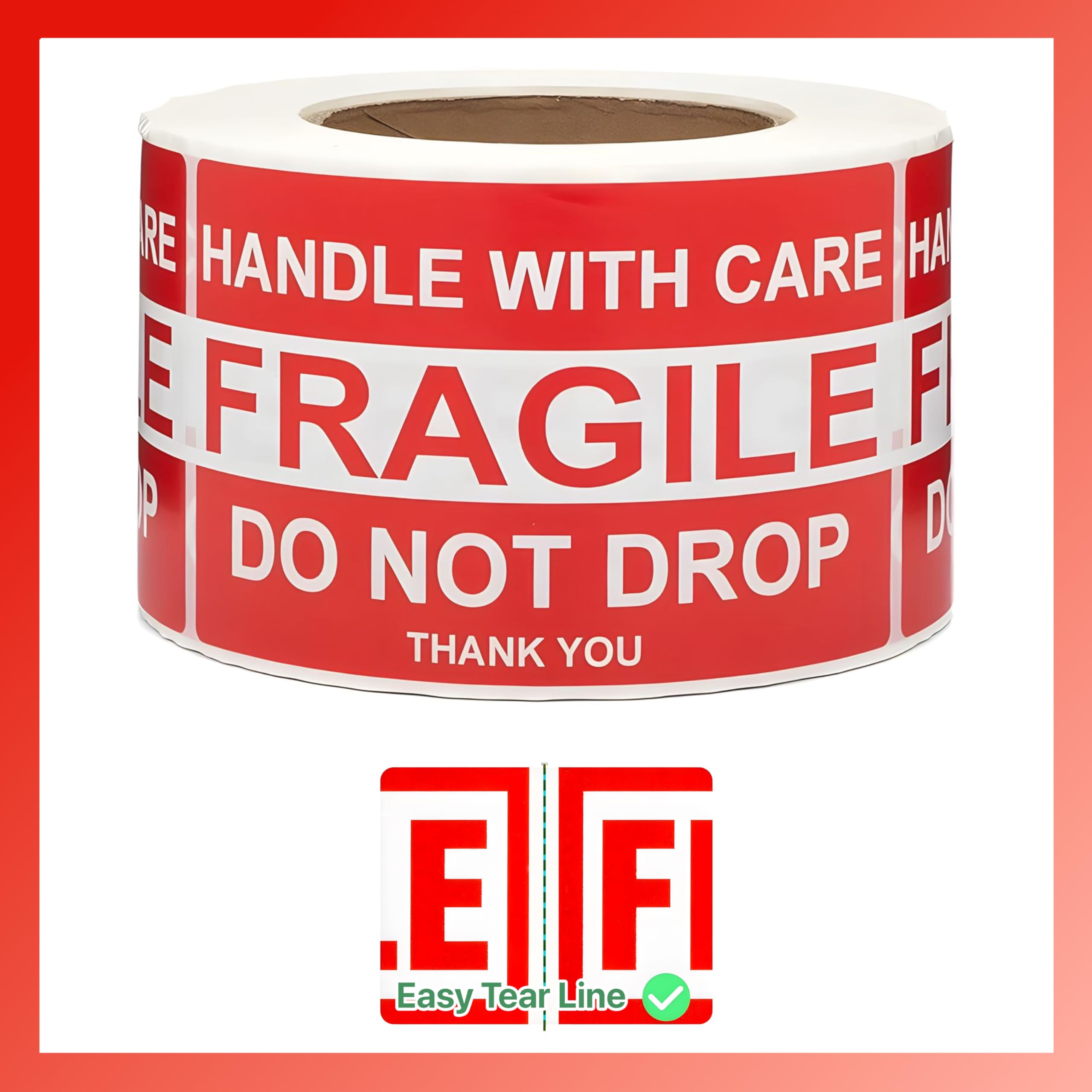Pokanic Fragile x 500 Stickers Per Roll Handle with Care - Thank You Warning Red Permanent Adhesive Labels for Shipping Moving Packing