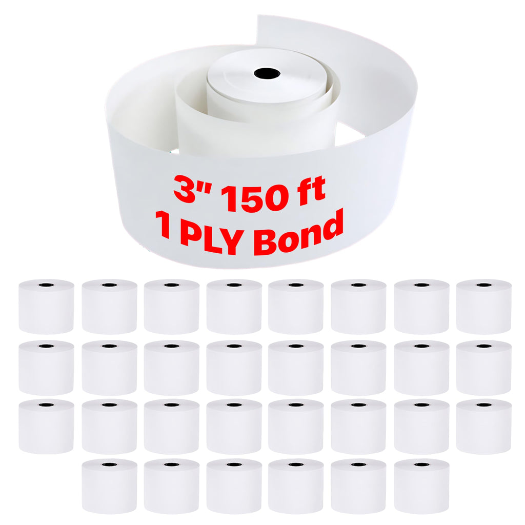 Pokanic 3" x 150' 1 Ply Bond White Paper Rolls Kitchen Receipt POS Cash Register Compatible with Clover Epson SNBC Star Sam4s Ellix Bixolon Impact Printers SP700 ERC30 34 38 TMU200