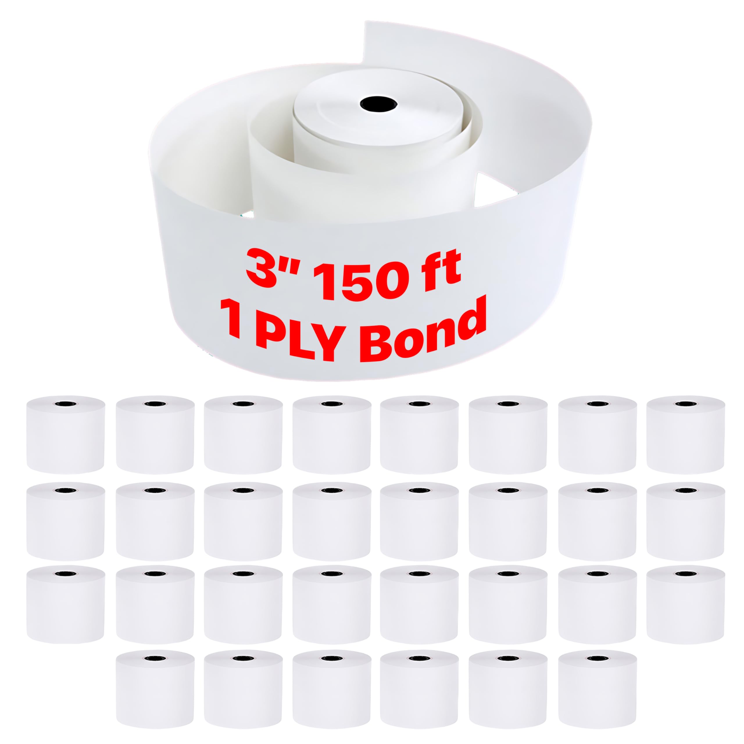 Pokanic 3" x 150' 1 Ply Bond White Paper Rolls Kitchen Receipt POS Cash Register Compatible with Clover Epson SNBC Star Sam4s Ellix Bixolon Impact Printers SP700 ERC30 34 38 TMU200