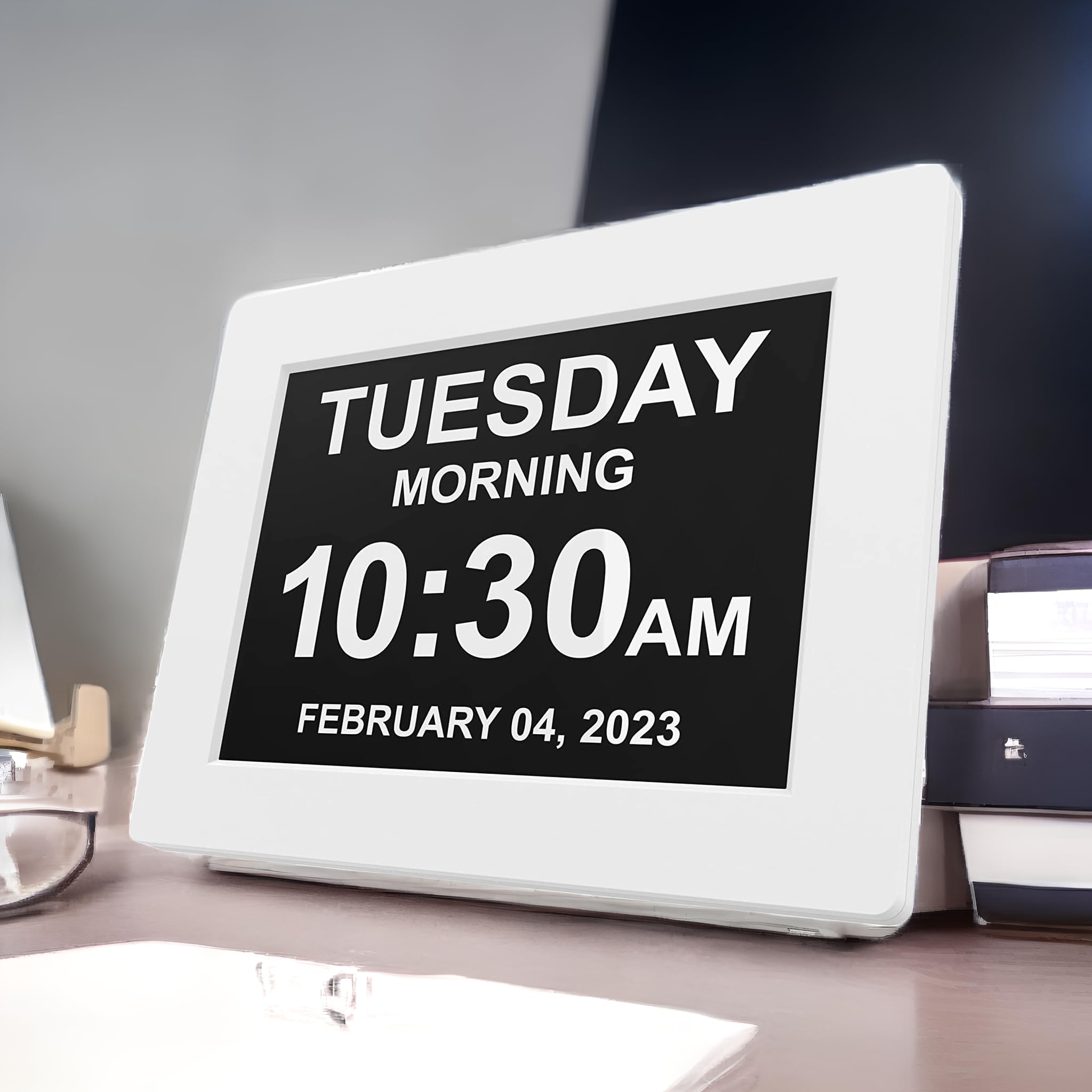 Pokanic Digital Calendar Date Multi Alarm Clock 8 inch Large Display Auto-Dimming Electic Desk Table Wall Mount Office, Home, Kitchen, Room, School, Bedroom, Living Room