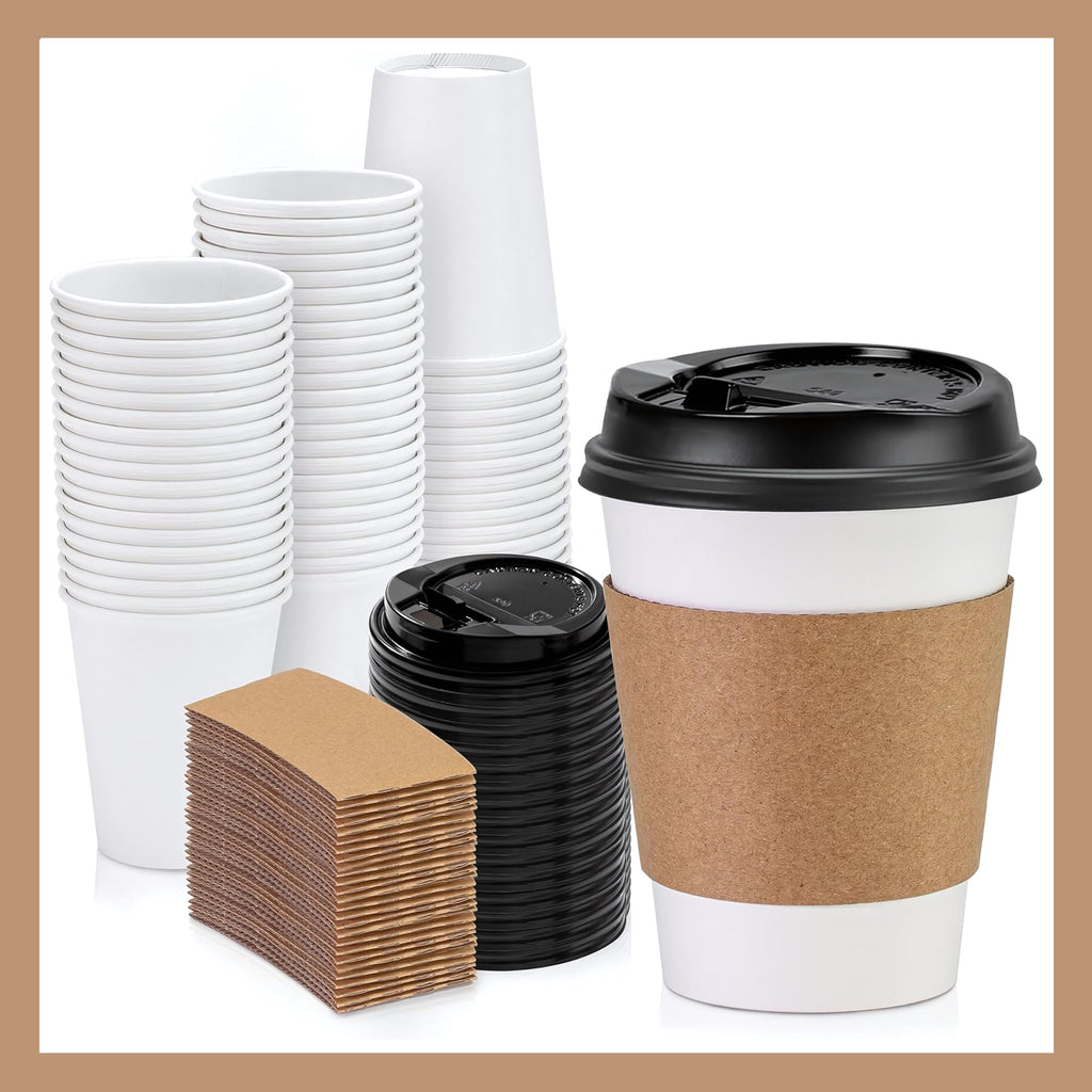 Pokanic Paper White Cups [ oz] with Lids and Sleeves x [10 Set] Disposable Hot Cold Coffee Water Beverage Drinking for School Office Home Kitchen Cafe Restaurant