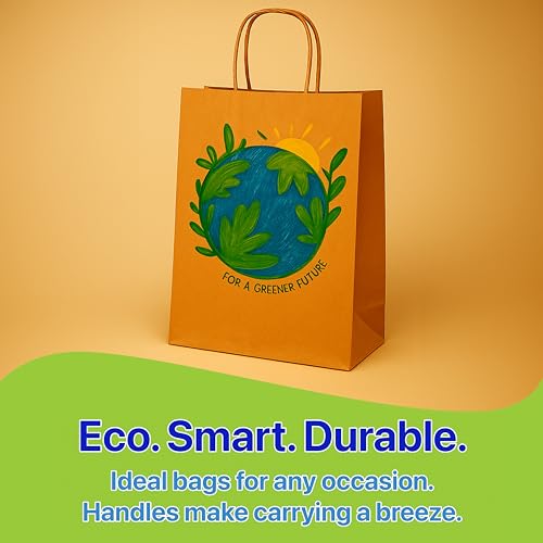 Pokanic Brown Kraft Paper Lunch Bags with Handles – [ Bags] x [ Inch] Reusable & Recyclable, Strong for Meal Prep, To-Go, Takeout, Parties & Small Business Use