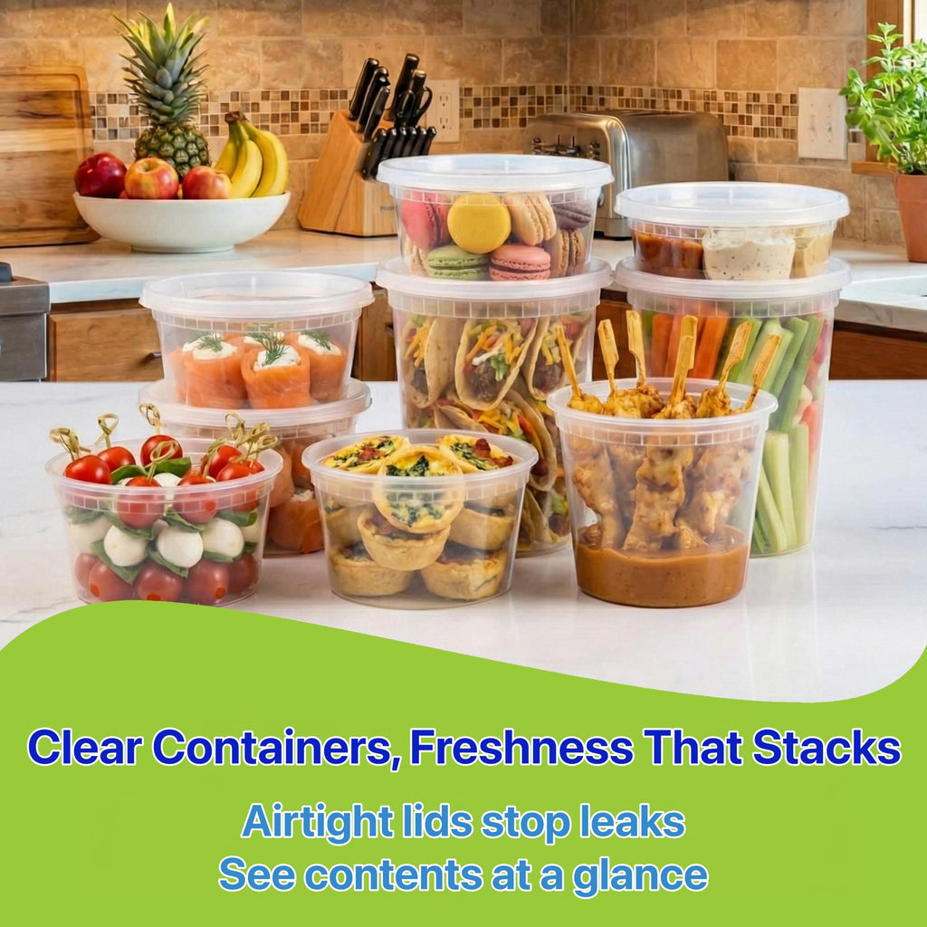Pokanic Food Storage Containers [50 Set] 16 oz Plastic Deli Containers with Lids Slime Soup Meal Prep Containers | BPA Free | Stackable | Leakproof | Microwave/Dishwasher/Freezer Safe