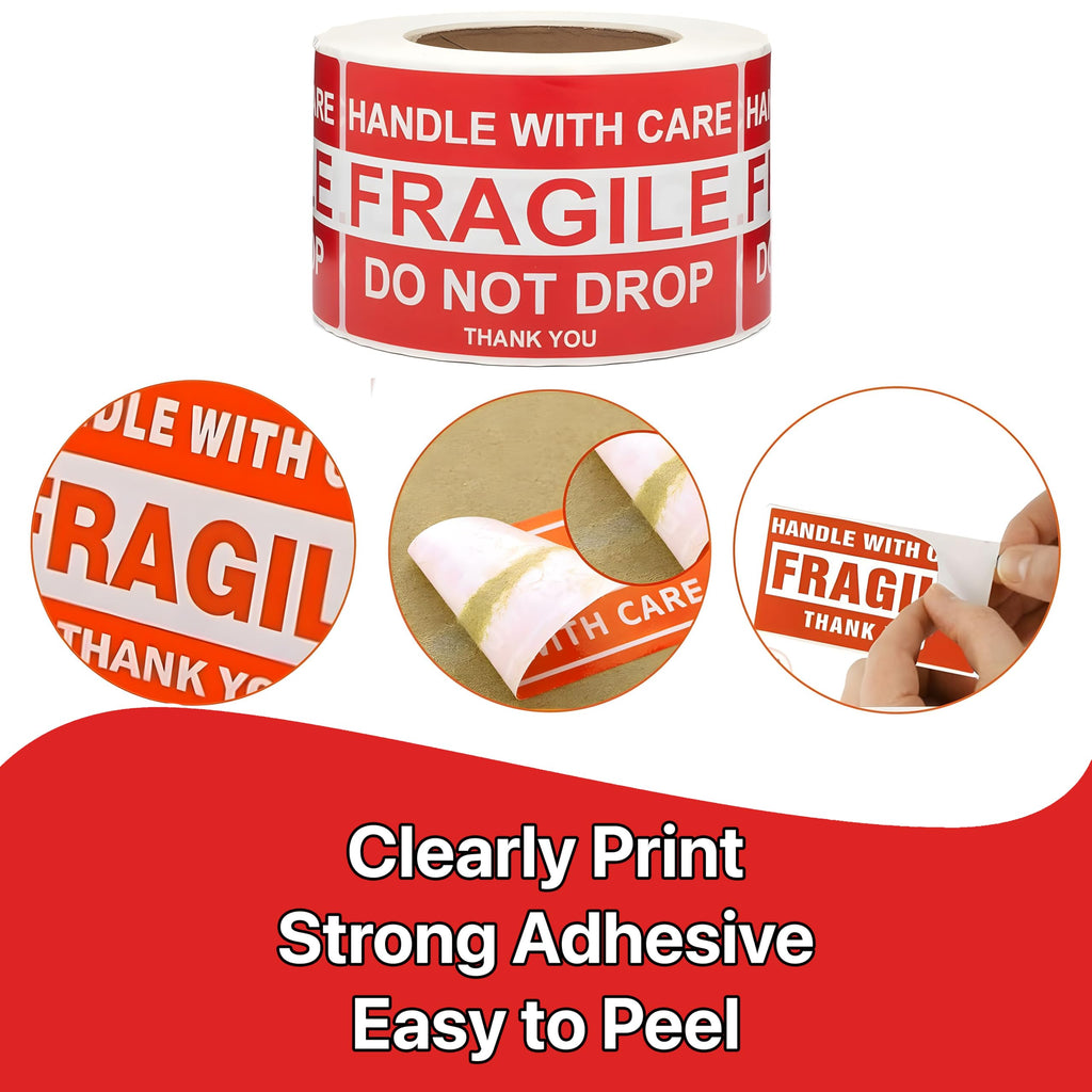 Pokanic Fragile x 500 Stickers Per Roll Handle with Care - Thank You Warning Red Permanent Adhesive Labels for Shipping Moving Packing