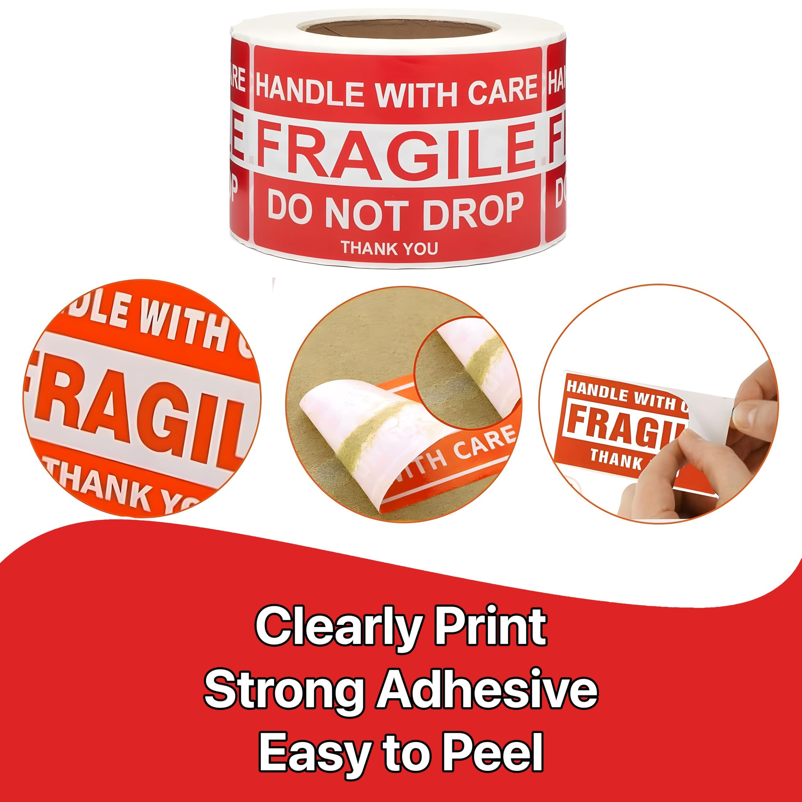 Pokanic Fragile x 500 Stickers Per Roll Handle with Care - Thank You Warning Red Permanent Adhesive Labels for Shipping Moving Packing