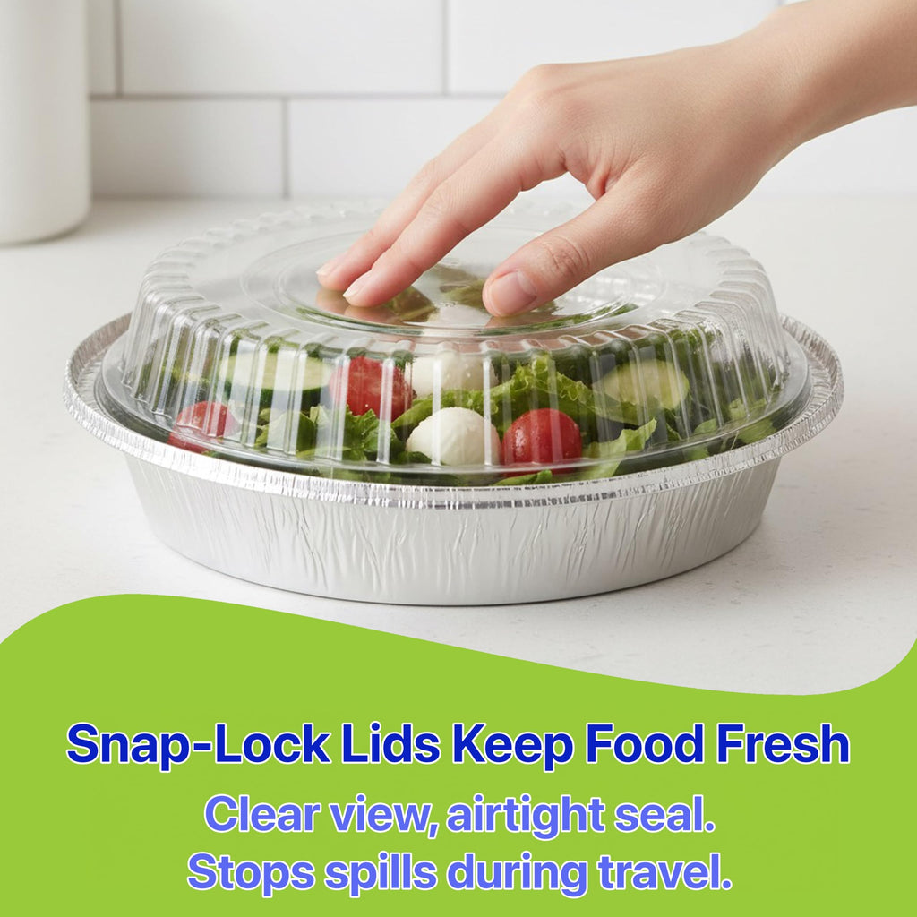 Pokanic Aluminum Foil Pans Round with Clear Dome Lids Recyclable Disposable Containers Straight Walls for Storing, Baking, Meal Prep & Reheating Freezer & Oven Safe