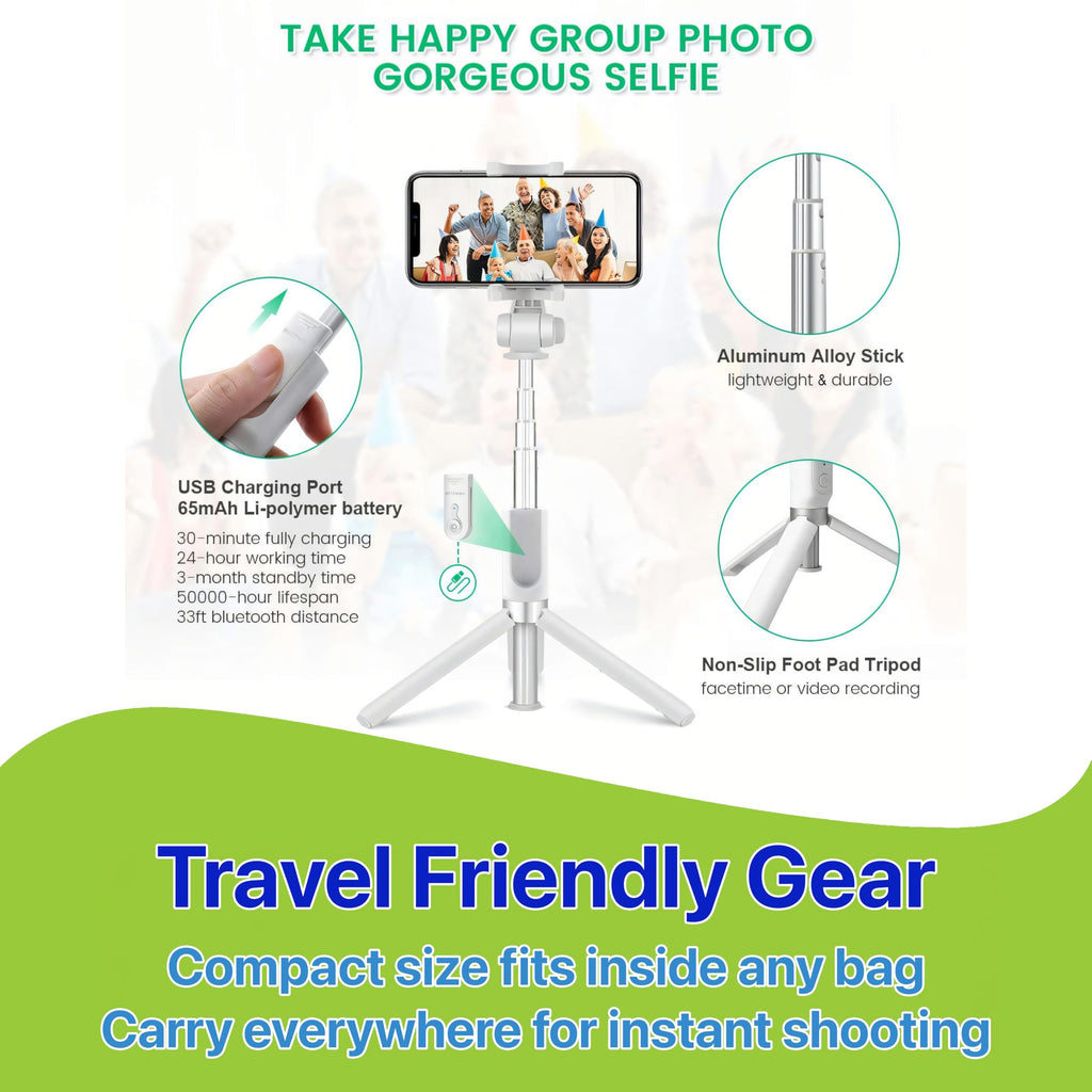Pokanic Selfie Stick Tripod with Wireless Remote Controller Pouch Extendable Adjustable Stand Mount Light-Weight V-Log Compatible with All Apple iPhone, Samsung Galaxy