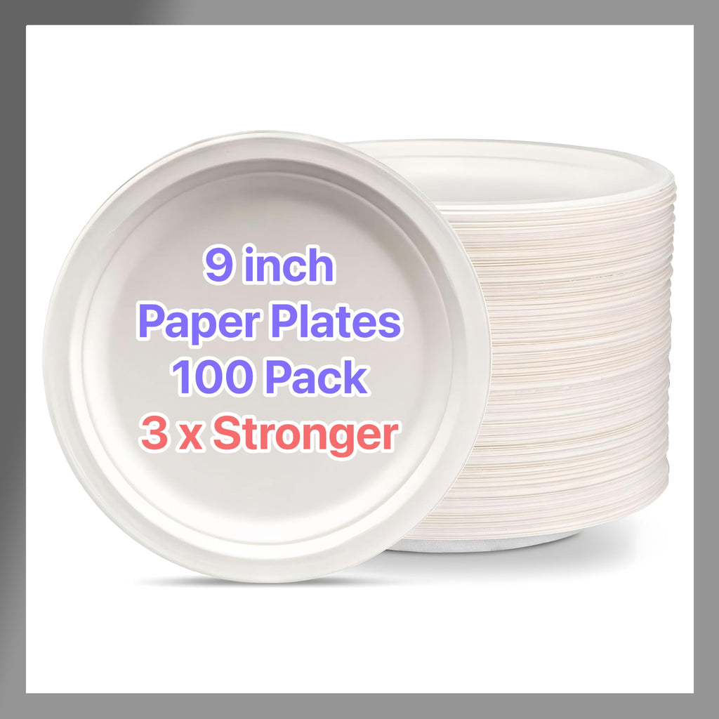 Pokanic Paper Plates White 9 inch - Pack Heavy-Duty 3 x Stronger Soak-Proof Cut Resistant Microwave-Safe 100% Compostable Eco-Friendly Biodegradable Disposable