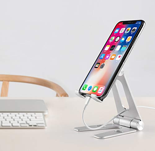 POKANIC Cell Phone Fully Foldable Stand Dock Holder Cradle Mount Organizer Charger Station Table Desk Office School Kitchen Travel Portable Adjustable Multi-Angle Aluminum Pouch
