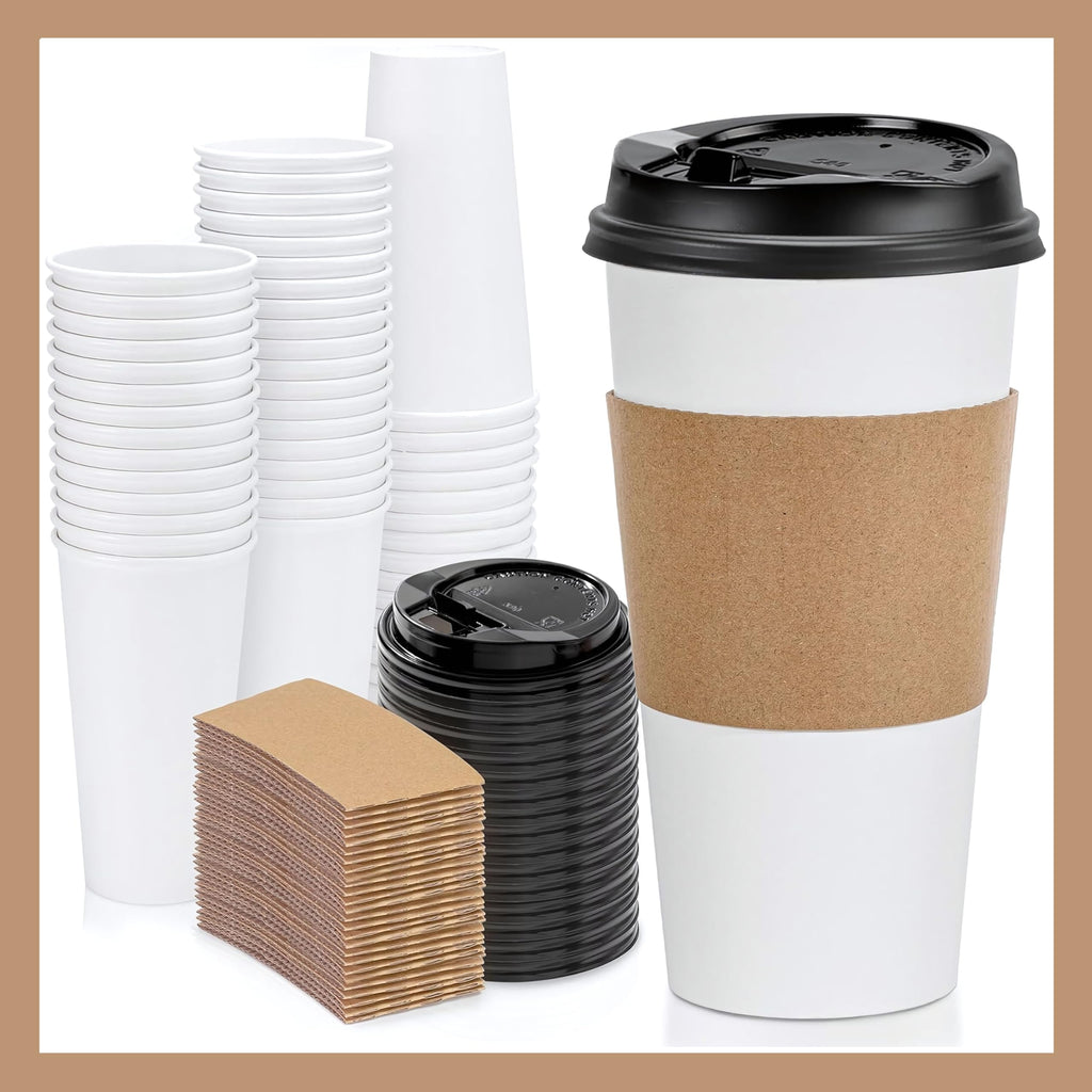 Pokanic Paper White Cups [ oz] with Lids and Sleeves x [10 Set] Disposable Hot Cold Coffee Water Beverage Drinking for School Office Home Kitchen Cafe Restaurant